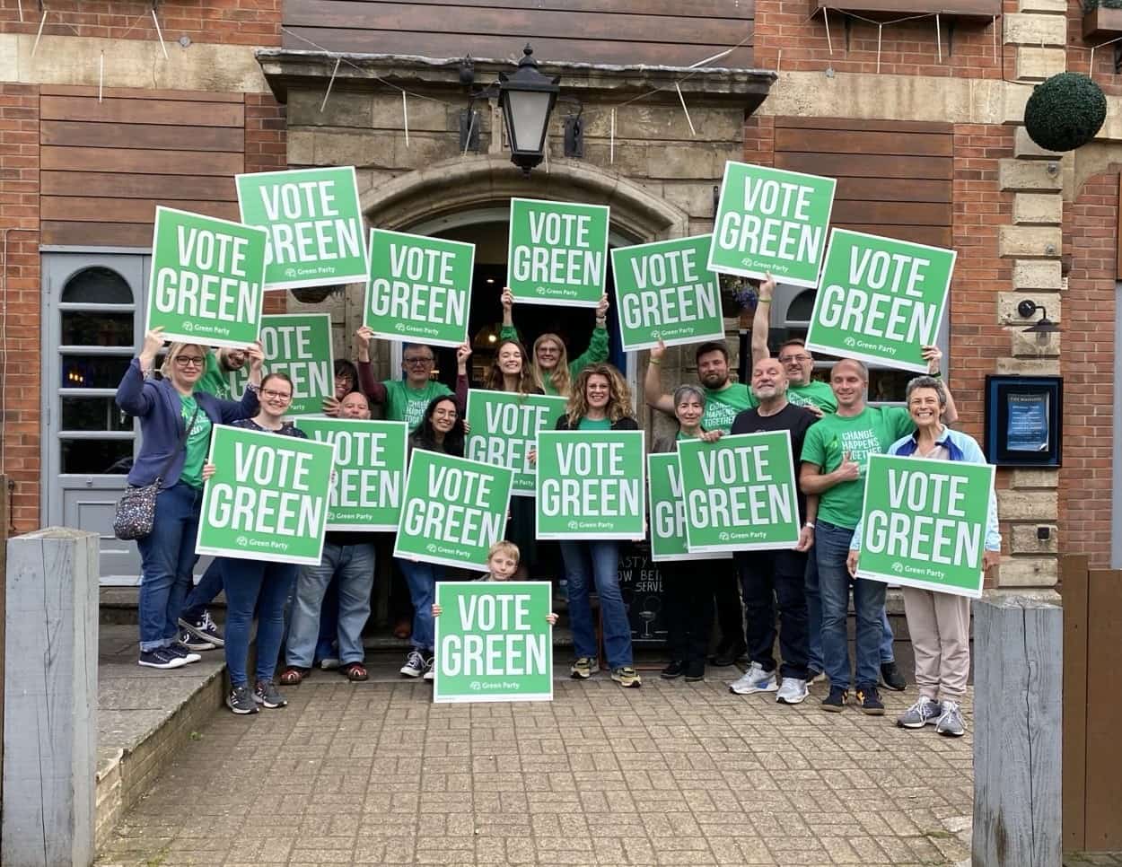 Green party candidates and supporters in front of the town hall